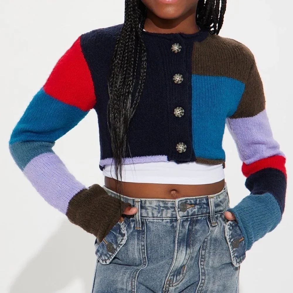 Fashion nova Kids Girls Color-block Cropped Cardigan(Size 14/16) - Picture 1 of 6